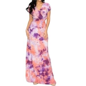 Tie-Dye Dolman Sleeve Maxi Dress - Purple and Orange